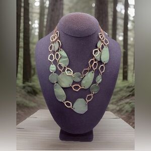 Three Strand Asymmetric Green Shell And Goldtone Links Necklace